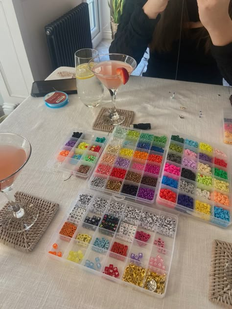 Making Bracelets With Friends Aesthetic, Friendship Bracelets Making Aesthetic, Friend Bracelets Aesthetic, Bracelet Making Party Table, Bracelet Making Aesthetic, Self Care Month, Bracelet Making Party, Friendship Bracelet Aesthetic, Slumber Party Aesthetic