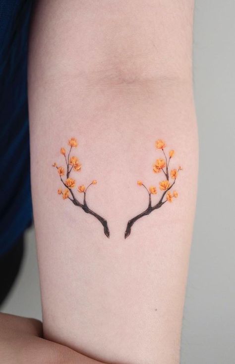 Yellow Ink Tattoos, Yellow Flower Tattoo, Yellow Flower Tattoos, Flower Antlers, Antler Tattoo, Yellow Tattoo, Yellow Rose Tattoos, Tiny Flower Tattoos, Traditional Tattoo Flowers