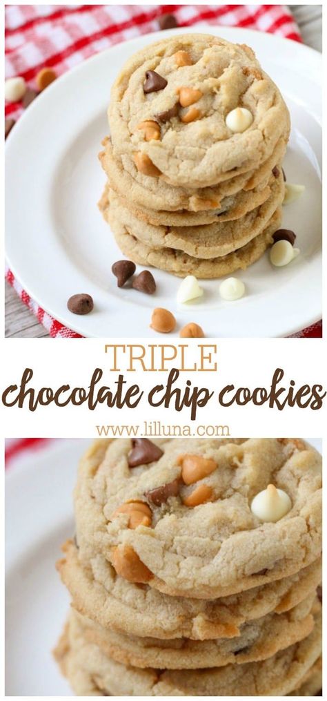 Super soft, delicious, and chewy Triple Chocolate Chip Cookies are a favorite! White, milk chocolate, and butterscotch chips combine to get the best taste. #chewytriplechocolatechipcookies #chocolatechipcookies #triplechocolatechip #cookies #chewycookies Culinary Desserts, Butterscotch Chip Cookies, Triple Chocolate Chip Cookies, Desserts With Chocolate Chips, Milk Chocolate Chip Cookies, Awesome Desserts, Butterscotch Cookies, Biscuit Recipes, White Chocolate Chip Cookies