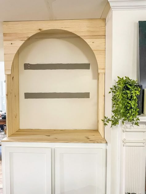 How To Make A Built In Bookcase, Arch Bookshelf Built Ins Diy, Built In Cabinet With Arch, Faux Arched Door, Arched Cabinets By Fireplace, Archway Built Ins, Built In Arch In Wall, Painted Arch With Floating Shelves, Diy Arch Built In Shelves