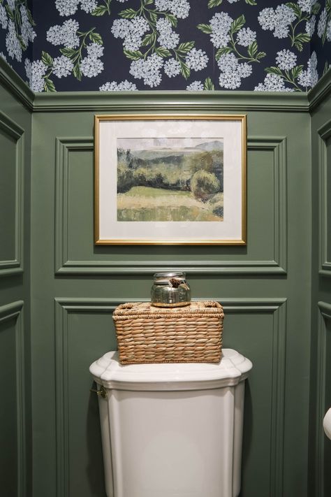 DIY Powder Room Decor {Room Reveal} - The Turquoise Home Spanish Revival Powder Room, Vintage Wallpaper Powder Room, Green Laundry Room With Wallpaper, Green Wallpaper Laundry Room, Green Wallpaper Powder Room, Water Closet Decor, French Powder Room, Green Powder Room, Calke Green