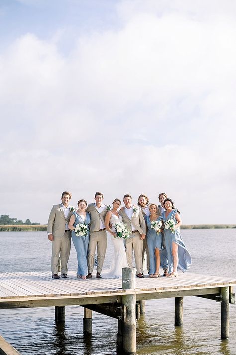 Beige Groomsmen Suits Blue Bridesmaid Dresses, Blue Bridesmaid Tan Groomsmen, Tan Suit Blue Bridesmaid Dress, Dusty Blue Bridesmaid Dresses And Tan Suits, Blue And Tan Suit Wedding, Tan Tux With Dusty Blue, Tan Suits Beach Wedding, Wedding Tan Suits Groomsmen, Tan Groomsmen Suits With Blue Bridesmaids