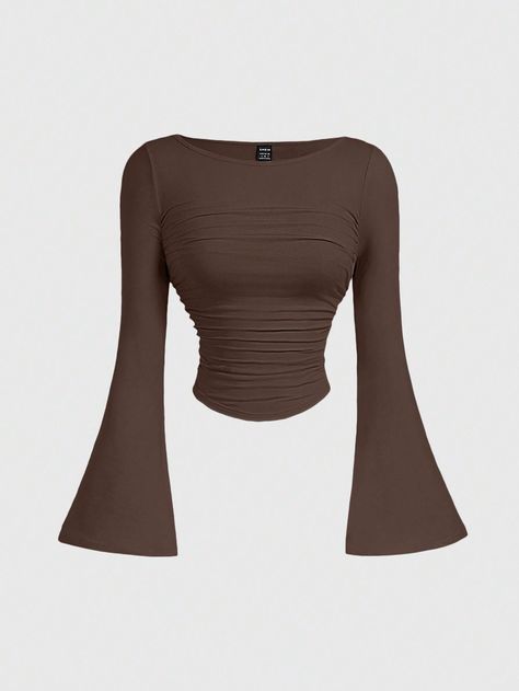 Shirt With One Sleeve, Shein Long Sleeve Top, Pretty Crop Tops, Brown Tops For Women, Spring Summer Capsule Wardrobe, Brown Clothing, Brown Tops, Cute Dress Outfits, Flared Sleeves Top