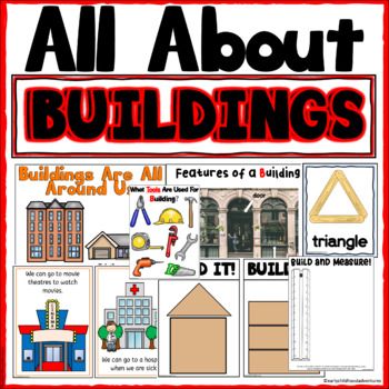 All about buildings and construction for 3K, pre-k, preschool and kindergarten! Building themed visuals, posters, and math and literacy activities are included! Teach your students all about buildings, building features, types of buildings and construction with these hands-on center activities and visuals. This resource includes real and clip art building images. You will be able to teach your students about parts of buildings, building materials, types of buildings, and MORE! Math and literacy Buildings Preschool Theme, Preschool Building Theme, Preschool Building Activities, Preschool Graphs, Prek Community Helpers, Kindergarten Building, Block Center Preschool, Preschool Building, Construction Theme Preschool