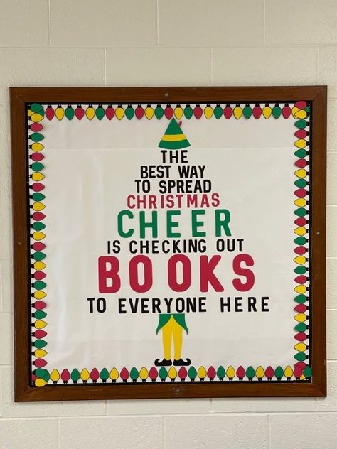 Library Decorations For Christmas, Buddy The Elf Library Display, Book Bulletin Board High School, Christmas Bulletin Board Ideas For Library, Library Christmas Tree Ideas, Christmas Bulletin Boards For Library, Elementary Library Christmas Decorations, Grinch Library Bulletin Boards, Christmas Book Bulletin Board