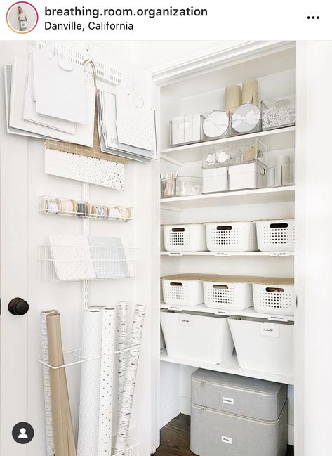 Hall Closet Organization, Small Closet Storage, Gift Wrap Organization, Closet Organization Ideas, Utility Closet, House Organization, Organized Pantry, House Organisation, Linen Closet Organization