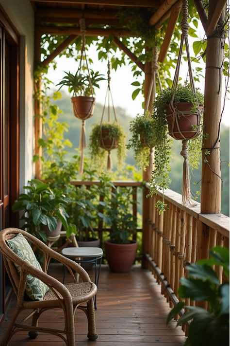 Bohemian balcony with macrame plant hangers and bamboo privacy screen Hanging Plant Porch, Hanging Plants Balcony Ideas, Flowers On Balcony, Balcony Vertical Garden, Balcony Apartment Decor, Balcony With Plants, Macrame Plant Hanger Ideas, Ideas For Balcony, Hanging Potted Plants