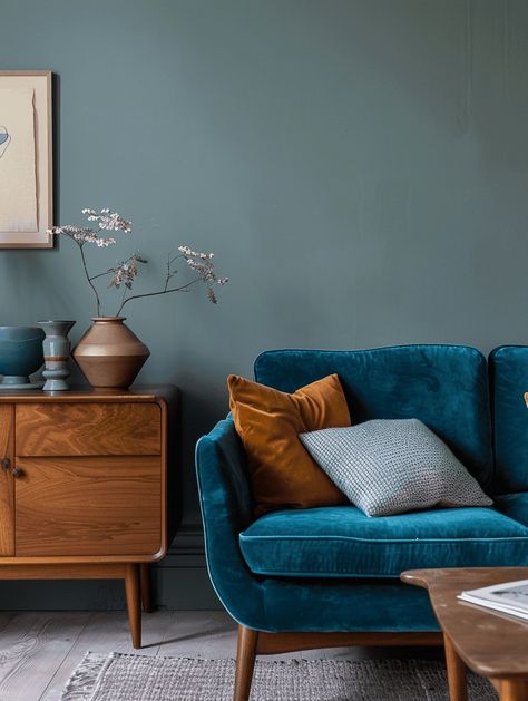 Dark Teal Sofa Living Room, Decorating With Teal Living Rooms, Light Teal Living Room, Turquoise Walls Living Room, Teal Couch Living Room, Dark Teal Living Room, Teal Living Room Ideas, Teal Sofa Living Room, Turquoise Office