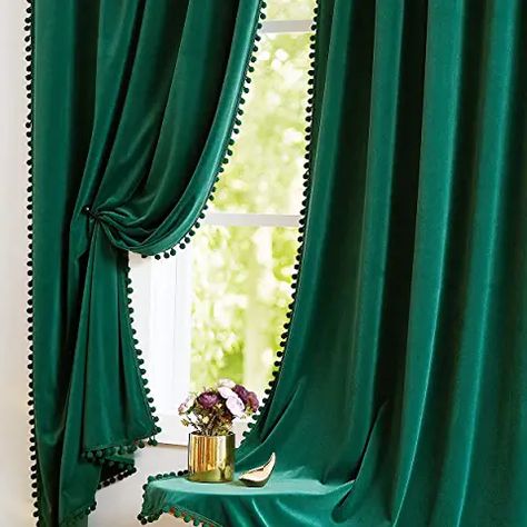 Dark Green Drapes, Emerald Green Curtains, Pom Pom Curtains, Country Style Curtains, Green Drapes, Long Living Room, Window Curtains Bedroom, Dark Panels, Bedroom Drapes