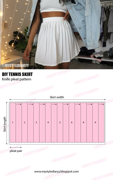 DIY knife pleated pattern Pleats Skirt Pattern, Tennis Skirt Tutorial, Pleated Pattern, How To Make Pleated Skirt, Pleat Skirt Pattern, Skirt Pleated Pattern, Diy Tennis Skirt Pattern, Tennis Skirt Pattern Sewing, How To Make A Pleated Skirt