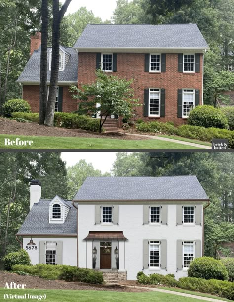 Transitional Style Home Exterior, Brick House Exterior Makeover, Painted Brick Exteriors, Colonial House Exteriors, Painted Brick House, House Makeovers, Exterior Home Design, Colonial Exterior, Entrance Ideas