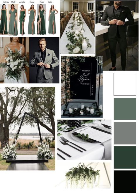 Pine Color Wedding Theme, Charcoal Wedding Theme, Dark Green Black Wedding Theme, Black White Silver Green Wedding, Pine Green And Black Wedding, Charcoal And Green Wedding, Neutral Forest Green Wedding Theme, Black And Greenery Wedding Theme, Greenery Wedding Palette