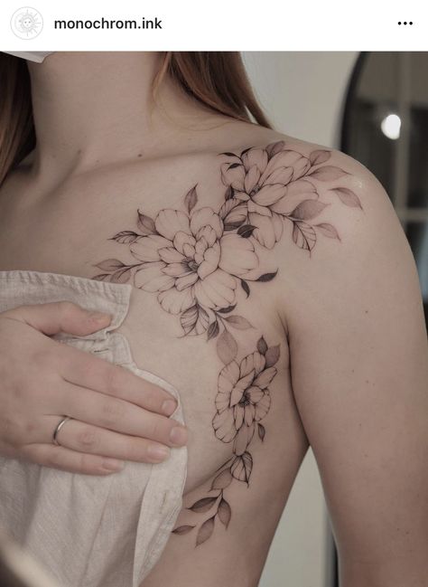 Feminine Shoulder Tattoos, Front Shoulder Tattoos, Mastectomy Tattoo, Floral Tattoo Shoulder, Tattoos To Cover Scars, Orchid Tattoo, Torso Tattoos, Flower Tattoo Shoulder, Chest Tattoos For Women