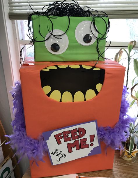 Monster themed donation box for Trunk or Treat candy * He’s hangry! * DIY upcycle collection box * butcher paper * dollar tree finds Box Halloween Decorations, Trunk Or Treat Candy Monster, Monster Candy Collection, Candy Collection Box Ideas, Box Monsters Cardboard, Candy Monster Box Ideas, Big Box Crafts, Monster Theme Trunk Or Treat, Halloween Candy Collection Box Ideas