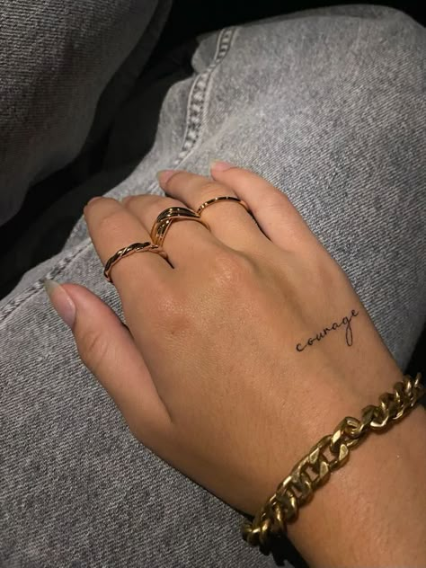 Courage Hand Tattoo, Worthy Hand Tattoo, Mom Ideas Tattoo, Tattoos For Courage, Small Tatts For Woman, Strength Hand Tattoo, Small Hand Tattoos For Women Words, 11 11 Hand Tattoo, Tattoos About Strength And Courage