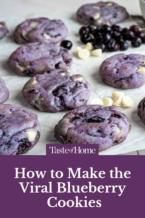 Jam-packed with flavor, these trendy blueberry cookies are the perfect snack! Blueberry Cookies With White Chocolate Chips, Berry Cookies Recipes, Chocolate Blueberry Cookies, Blueberry Gift Ideas, Frozen Blueberry Cookies, Cookies For January, Blueberry Shortbread Cookies, Blueberry Crinkle Cookies, Christmas Blueberry Recipes