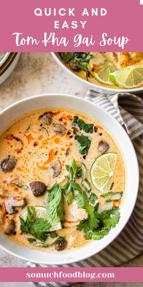 Tom Kha (Chicken Coconut Soup) is one of the easiest and most flavorful soup recipes out there! It's made in one pot in 30 minutes and will be hearty and filling! Tom Kha Soup Instant Pot, Thom Kai Soup, Crockpot Tom Kha Soup, Easy Coconut Soup, Creamy Tom Yum Soup Recipe, Tom Ka Kai Soup Thai Chicken, Tom Kha Soup Vegetarian, Tom Ka Soup Recipe, Healthy Thai Soup Recipes