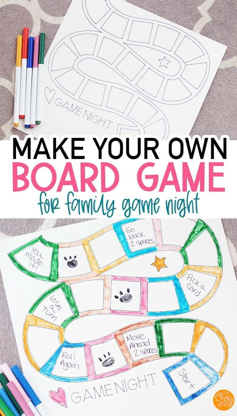 Make a DIY board game for your next family game night! Includes a Cricut Design Space template. This is a fun family game night activity for all ages, and makes a perfect homeschool project too. Make a board game for kids and adults to enjoy together. Making A Board Game Project, Design A Board Game Project, How To Make Your Own Board Game, How To Design A Board Game, Fun Diy Games For Kids, Printable Board Games Template, Board Game Design Templates, Board Game Project Ideas, Board Games Design