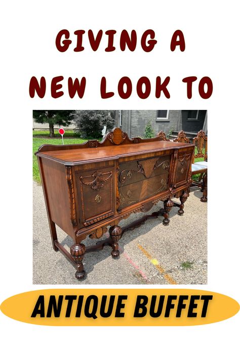 From elegant refinishing to strategic hardware updates, discover how to preserve the vintage charm while adding a fresh, modern twist to your antique credenza. Transform your antique buffet into a statement piece that's sure to impress. Vintage Buffet Table Makeover, Refurbished Antique Buffet, Antique Buffet Decorating Ideas, Buffet Repurpose Ideas, Credenza Makeover Before After, Traditional Furniture Makeover, Two Tone Furniture Color Combos, Jacobean Buffet Makeover, Painted Vintage Buffet