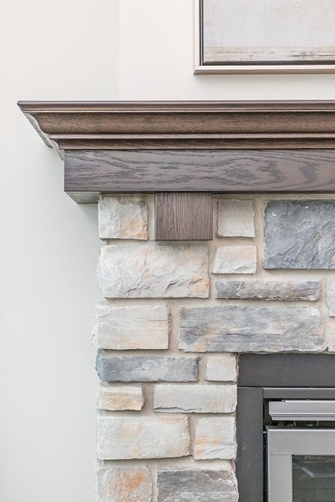 Echo Ridge Country Ledgestone Fireplace, Stone Veneer Fireplace Wood Mantle, Grey Stone Fireplace, Stone Veneer Fireplace, Aesthetic Farmhouse, Family Room Remodel, Manufactured Stone Veneer, Wood Mantle, New House Living Room