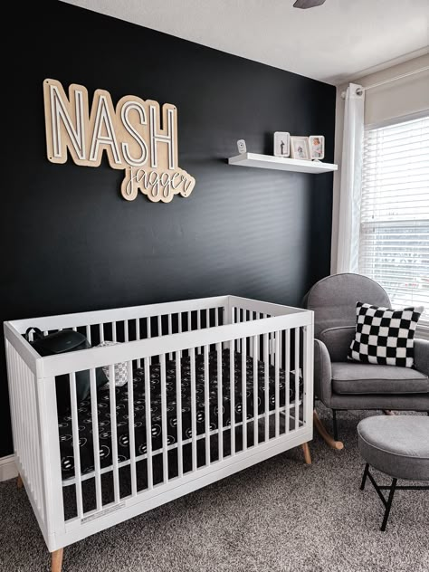 Neutral Black Nursery, Nursery With Black Accent Wall, Black Nursery Wall, Black Nursery Aesthetic, Boy Nursery Aesthetic, Dark Nursery Ideas Boys, Modern Boy Nursery Ideas, Cool Boy Nursery, Pax Nursery