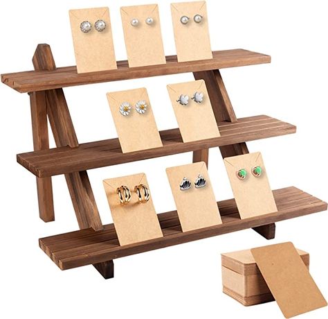 51pcs 3-Tier Wood Earring Display Stand, Retail Jewelry Card Display Stand with Groove + 50 Earring Cards Portable Earring Ring Organizer Holder Jewelry Showcase Racks for Jewelry Business Home Using Wood Earring Display, Earring Display Stand, Wood Jewelry Display, Wood Display Stand, Earring Display Stands, Cardboard Display, Wood Earring, Retail Jewelry, Acrylic Display Stands