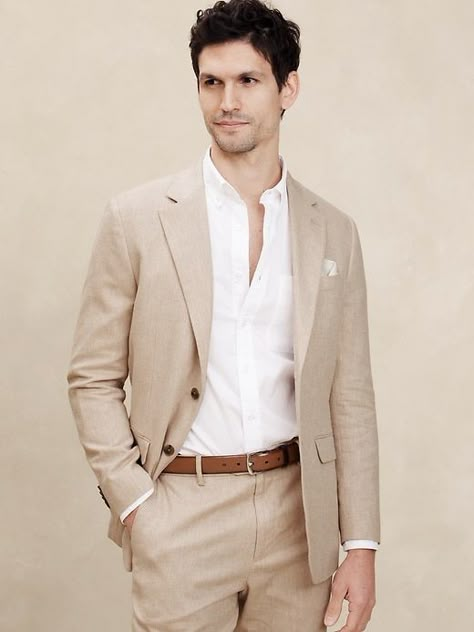 Tailored-Fit Linen-Cotton Suit Jacket | Banana Republic Factory Cream Suits For Men, Brown Suit Wedding, Tan Groomsmen Suits, Beige Suits Wedding, Mens Wedding Guest Outfit, Father Of The Bride Attire, Tan Suit Wedding, Dinner Jacket Wedding, Mens Formal Fashion