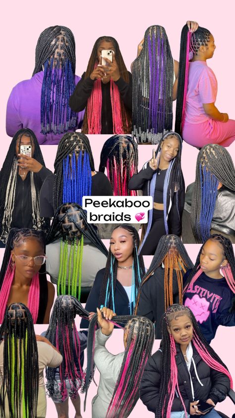 Peekaboo braids💞💞 Hairstyles For Peak A Boo Braids, 350 Peekaboo Braids, 52 Inch Box Braids, Peeks Boo Braids, Peek A Boo Box Braids Blue, Blond Peekaboo Braids, Peka Boo Braids Color With Curls, Light Blue Knotless Braids, Red And Black Peekaboo Braids