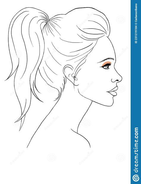 Illustration about Illustration with lines and white background. A woman is shown in profile with her hair held in a high ponytail. Illustration of black, hair, close - 231219184 Ponytail Drawing Reference Side View, Side Ponytail Drawing, High Ponytail Drawing, Ponytail Illustration, Profile Of Woman, Ponytail Drawing, A High Ponytail, Profile Drawing, Fashion Figure