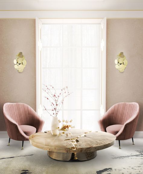 Click to find more: #luxurylivingroom #livingroomdesign #livingroomdesign #modernlivingroom #livingroom #modernhome #homedesign #designideas #designtrends #homedecor #decorideas #furniture Modern Interior Design Living Room, Pink Chairs, Interior Design Minimalist, Luxury Furniture Brands, 아파트 인테리어, Elle Decor, My New Room, Living Design, Modern Interior Design