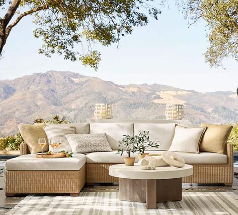 Pottery Barn Outdoor Furniture, Pottery Barn Outdoor, Comfortable Patio Furniture, Affordable Outdoor Furniture, Condo Balcony, Outdoor Sectional Furniture, Balcony Decoration, Patio Couch, Outdoor Patio Set