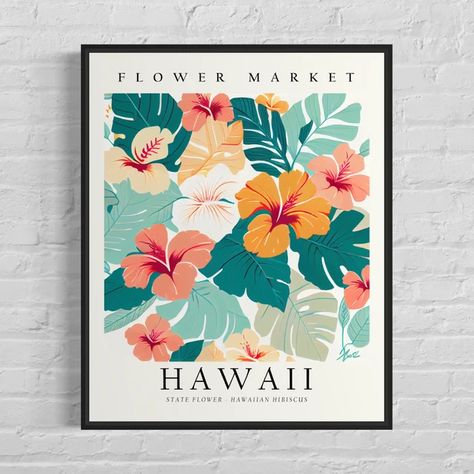 View USA State Flowers by Artprintontop on Etsy Vintage Hawaii Decor, Hawaiian Artwork, Hawaii State Flower, Hawaii Home Decor, Hawaiian Room, Bathroom Collage, Hawaii Room, Hawaii Poster, Hawaii Art Print