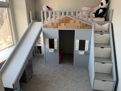 I Built a Bed That Is Also a Playhouse and a Slide and a Dresser and a Bookshelf Bunk Bed Slide Ideas, Diy Slide For Bed, Diy Loft Bed With Slide, Diy Bed Slide, Playroom With Slide, Playroom Slide, Slide Bed, Diy Slide, Toddler Loft Beds