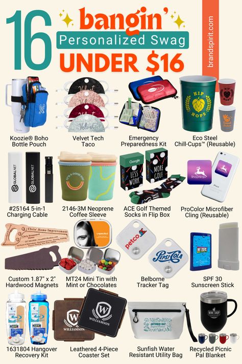 Get inspired and shop for these fresh and functional personalized swag. Add your logo and design with your brand colors for corporate gifts, conference swag, trade show booth freebies, and other promotional campaigns. We've carefully selected everything you see on this list to make sure people will keep and use these items, instead of throwing them away. Who doesn't appreciate a useful, quality swag gift, right? Order at brandspirit.com Unique Merchandise Ideas, Small Giveaways Ideas, Branded Swag Ideas, Swag Giveaway Ideas, Promotional Giveaway Ideas Unique, Swag Ideas For Business, Swag Bag Ideas For Women, Company Swag Ideas Corporate Gifts, Company Branded Swag