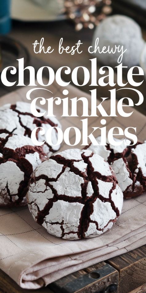 Close-up of cracked chocolate crinkle cookies with a dusting of powdered sugar, resting on a beige cloth. Text reads: "The best chewy chocolate crinkle cookies." Chocolate Krinkle Cookies, Chocolate Crinkles Recipe, Christmas Crinkle Cookies, Holiday Cooking Christmas, Holiday Baked Goods, Xmas Cookies Recipes, Cookie Recipes Holiday, Baked Goods Recipes, Christmas Cookie Recipes Holiday