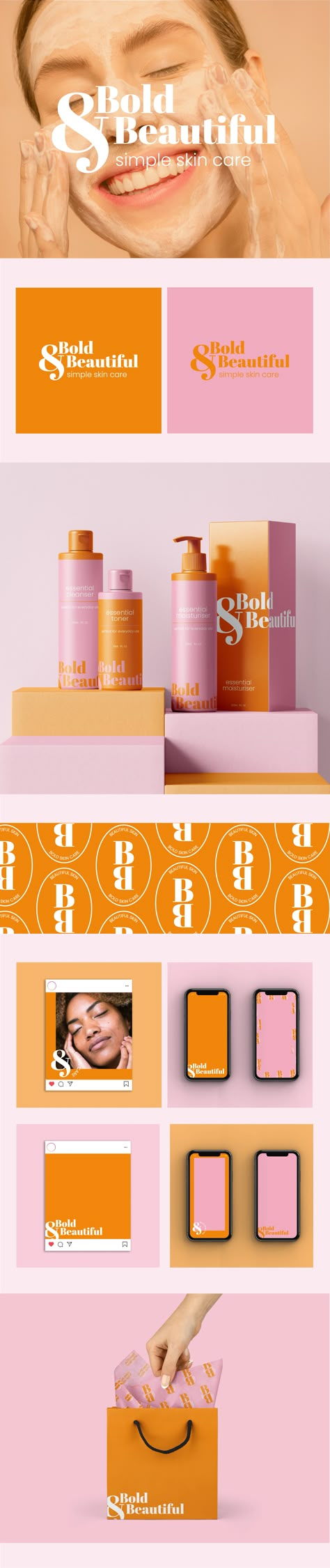 Logo design, branding design, packaging design, bold design, bright colour palette, minimal, serif font, brand pattern, submarks, photo logo, pink and orange vibes. Skincare Branding, Graphisches Design, Palette Design, Branding Design Packaging, Branding Mood Board, Brand Color Palette, Branding Design Inspiration, Mood Board Design, Orange And Pink