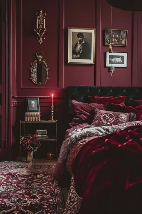 Red Bedrooms Ideas, Red Interior Design Bedroom, Red Moody Bedroom, Theater Bedroom Ideas, Moody Red Bedroom, Dark Room Decor Ideas, Pirate Quarters, Red Victorian Bedroom, Dark And Moody Decor