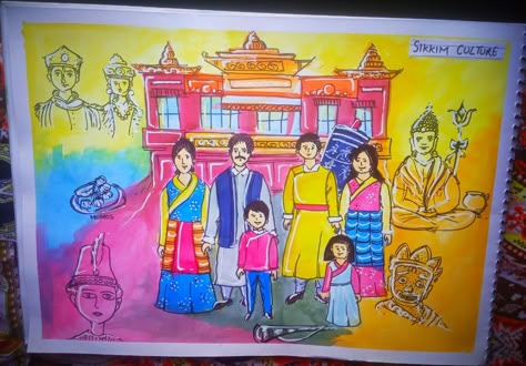 CBSE project Sikkim culture handmade poster / Sikkim temple, dance,dress,god Sikkim Drawing, Culture Of Sikkim Drawing, Sikkim Culture, Dress Drawing Easy, Culture Drawing, Dance Of India, Handmade Poster, Drawing Competition, Pinterest Diy Crafts