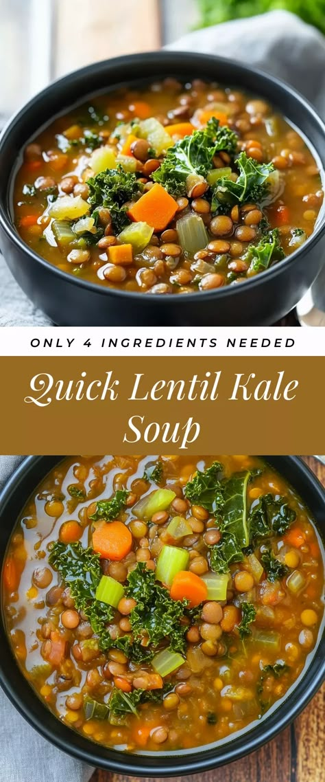 Image for Quick Lentil Kale Soup Clean Lentil Soup, Lentil Recipe Ideas, Panera Lentil Soup Recipe, Lentil Soup With Kale And Sausage, Healthy Dinner Recipes Lentils, Cold Lentil Recipes, Lentil Soup Green Lentils, Thai Lentil Soup, Lentil Protein Recipes