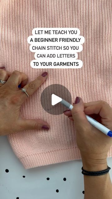 Hand embroided personalised jumpers - Pixie&Me on Instagram: "A slow and simple chain stitch tutorial! I use this stitch for evvvvverything! It is my absolute favourite and there are a few ways to do it! This is a simple beginner friendly way and I hope you give it a go!   The needle inside in this video is a 6mm blunt needle The yarn that I use is 200g acrylic, this is a personal preference and a yarn that I find so nice to work with!   I use purple fabric pens! They are air/water erasable!  My garments are bought wholesale and I buy in bulk so not ideal for small batches sorry, if you are wanting to buy in bulk I would highly recommend testing your own samples as what I find suitable might not be for you! Any small business needs to find their own perfect product so defo sample as many p Simple Hand Stitch, Stencil For Embroidery, Chain Stitch How To, Embroidery On Sweatshirts Ideas, Sew Words On Clothes, Embroidered Hand Print, Chain Stitch Lettering Embroidery, Chain Stitch On Knitting, Different Hand Embroidery Stitches