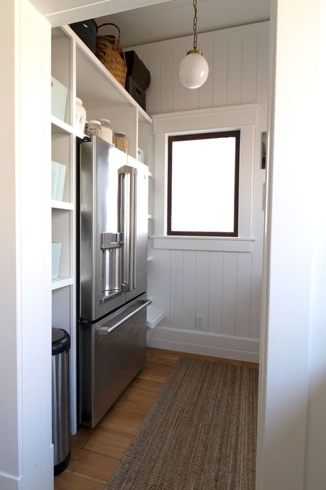 Pantry With Refrigerator Inside, Farmhouse Pantry Organization, Pantry With Fridge, Butler Pantries, Walk In Pantry Ideas, The Grit And Polish, Grit And Polish, Pantry Layout, Kitchen Butlers Pantry