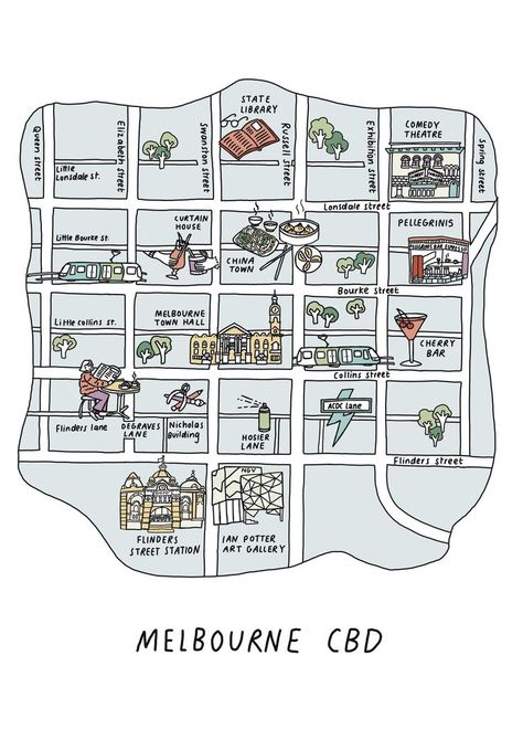 Melbourne Map Illustration, Melbourne Drawing, Melbourne Illustration, Map Art Illustration, Melbourne Map, Melbourne Markets, Cartoon Map, Map Sketch, Melbourne Travel