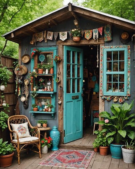 Inside Of Shed Ideas, Witch Cottage She Shed, Backyard Shed Makeover, Witch She Shed, Whimsical Garden Shed, She Shed Colors Exterior, She Shed Exterior Paint Ideas, She Shed Floor Plans, Shed Makeover Exterior