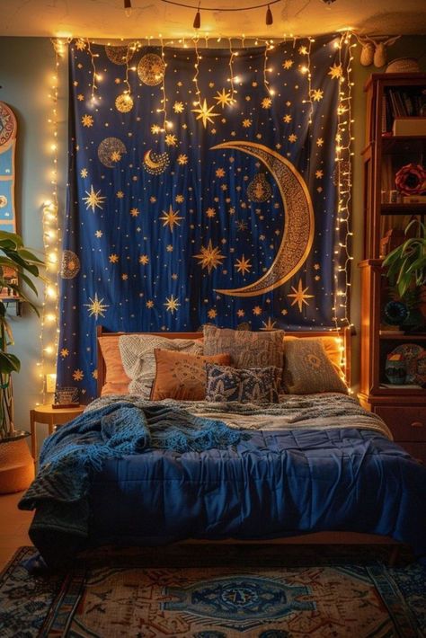 Starry Sky Room, Celestial Boho Bedroom, Astrology Themed Room, Starry Room Aesthetic, Night Room Aesthetic, Star Themed Bedroom, Celestial Living Room, Curtain Lights Ideas, Night Aesthetic Bedroom