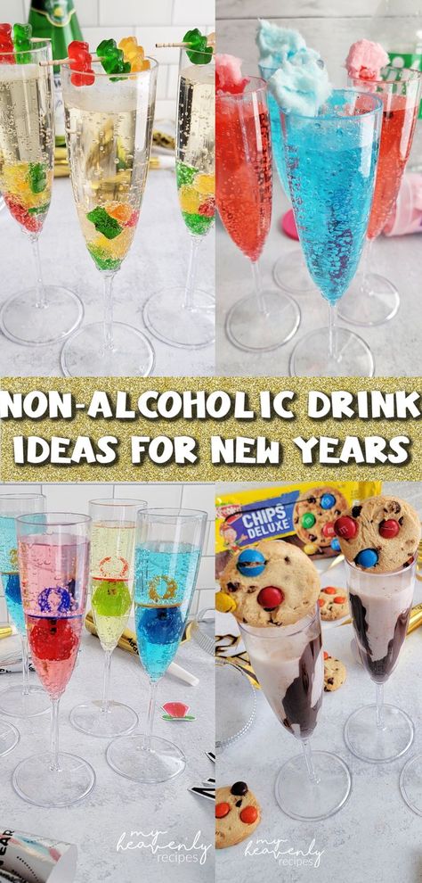 Non Alcoholic Drinks for New Years Eve- mocktails unique fun ideas for kids and adults. Non-alcoholic drinks to make. No alcohol. Nye Drinks For Kids, New Years Drink Ideas, New Years Drink, Fun Kids Drinks, Nye Party Food, Nye Activities, Nye Drinks, Christmas Drinks Nonalcoholic, New Years Eve Snacks