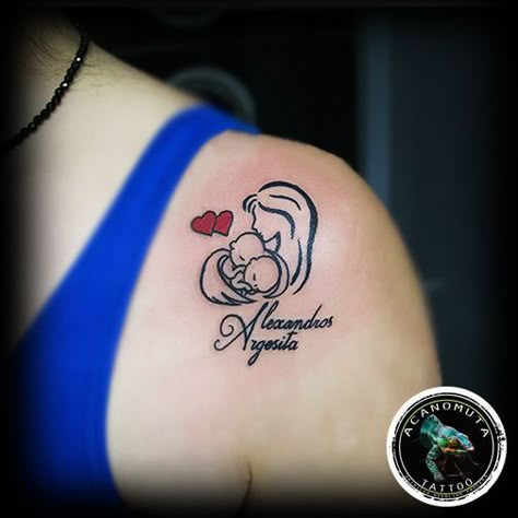 Baby Tattoos For Mom, Mom Baby Tattoo, Tattoos For Mom, Name Tattoo Ideas, Motherhood Tattoos, Name Tattoos For Moms, Twin Tattoos, Baby Name Tattoos, Mom Tattoo Designs