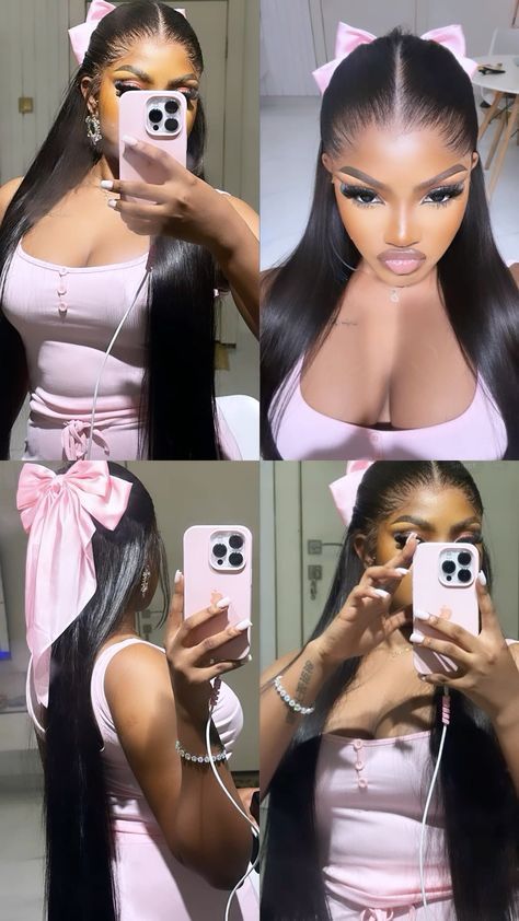 Hair Bow Style Black Women, Frontal Wig Styles With Bow, Pink Bow Hairstyles Black Women, Weave Hairstyles With Bow, Hairstyle With Bow Tie, Bow Wig Hairstyles Black Women, Bow On Ponytail, Baddie Wigs Hairstyles, Quick Weave With Bow