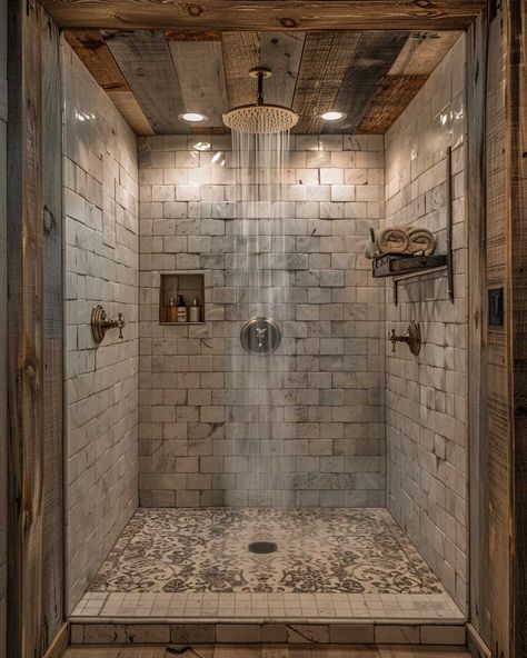 15+ Must-See Shower Bathroom Remodel Ideas for a Dreamy Retreat • 333+ Art Images Mountain Home Shower Ideas, Bathroom Ideas With Walk In Shower Layout, Barndo Master Bath Ideas, Tile Walk In Shower Ideas Master Bath, Bathroom Ideas Master Decorations, Realistic Home Decor Ideas, Rock Showers Walk In, Master Bathrooms Western, Walking In Shower Ideas