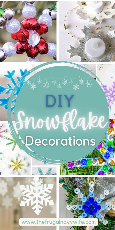 Ready to up your Winter Decor with Snowflakes? If so, here are some of my favorite DIY snowflake decorations that are simple and fun! #snowflakediy #snowflakecrafts #frugalnavywife #winterdecor | Winter Decor DIY | Snowflake Crafts | Snowflake DIY | Simple Snowflake Crafts Sequin Snowflake Craft, Christmas Snowflake Decor, Diy Snowflake Tree Topper, Homemade Snowflake Ornaments, Diy Snowflakes Decorations Outdoor, Easy Diy Winter Decor, Cardboard Snowflakes Diy, Diy Outdoor Snowflakes, Winter Wonderland Christmas Decorations Diy