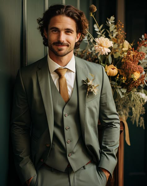 Groom Suit 2024, Engagement Suits, Fall Wedding Suits, Green Suit Men, Suit Groomsmen, Olive Green Suit, Green Wedding Suit, Olive Green Weddings, Groom And Groomsmen Suits